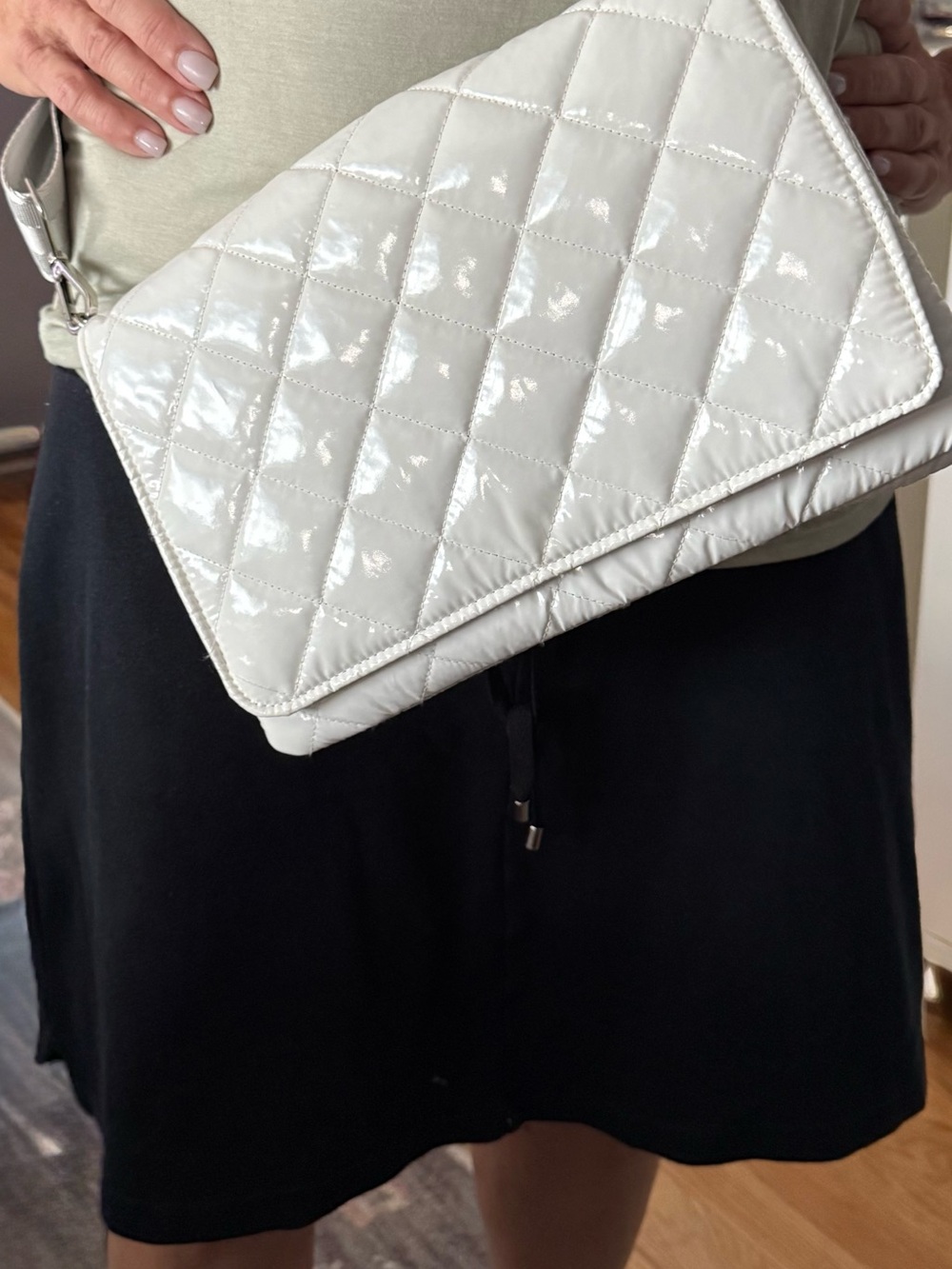 Glossy Quilted Patent Crossbody Bag in White